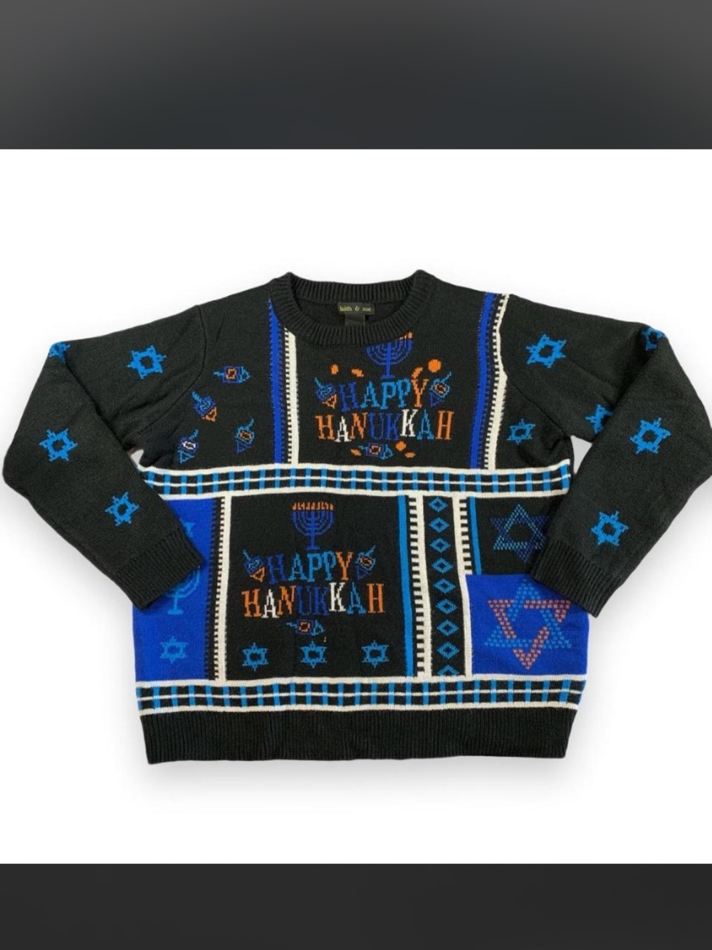 Faith & Zoe Hanukkah Sweater Large Crewneck AOP Patchwork Menorah Star of David